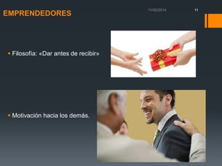 EMPRENDEDORES

 Filosofía: «Dar antes de recibir»

 Motivación hacia los demás.

11

 