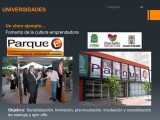 UNIVERSIDADES

14

Un claro ejemplo…
Fomento de la cultura emprendedora

Objetivo: Sensibilización, formación, pre-incubación, incubación y consolidación
de startups y spin offs.

 