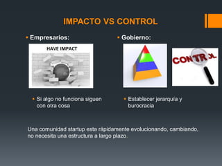 IMPACTO VS CONTROL
 Empresarios:

 Si algo no funciona siguen
con otra cosa

 Gobierno:

 Establecer jerarquía y
burocracia

Una comunidad startup esta rápidamente evolucionando, cambiando,
no necesita una estructura a largo plazo.

 
