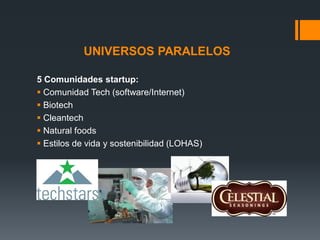 UNIVERSOS PARALELOS
5 Comunidades startup:
 Comunidad Tech (software/Internet)
 Biotech
 Cleantech
 Natural foods
 Estilos de vida y sostenibilidad (LOHAS)

 