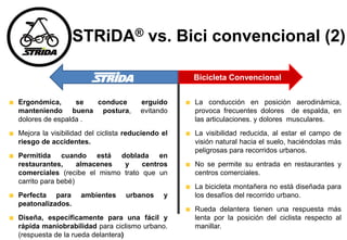 STRiDA® vs. Bici convencional (2)
Bicicleta Convencional
Ergonómica, se conduce erguido
manteniendo buena postura, evitando
dolores de espalda .
Mejora la visibilidad del ciclista reduciendo el
riesgo de accidentes.
Permitida cuando está doblada en
restaurantes, almacenes y centros
comerciales (recibe el mismo trato que un
carrito para bebé)
Perfecta para ambientes urbanos y
peatonalizados.
Diseña, específicamente para una fácil y
rápida maniobrabilidad para ciclismo urbano.
(respuesta de la rueda delantera)
La conducción en posición aerodinámica,
provoca frecuentes dolores de espalda, en
las articulaciones. y dolores musculares.
La visibilidad reducida, al estar el campo de
visión natural hacia el suelo, haciéndolas más
peligrosas para recorridos urbanos.
No se permite su entrada en restaurantes y
centros comerciales.
La bicicleta montañera no está diseñada para
los desafíos del recorrido urbano.
Rueda delantera tienen una respuesta más
lenta por la posición del ciclista respecto al
manillar.
 