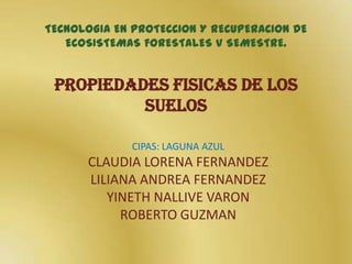 TECNOLOGIA EN PROTECCION Y RECUPERACION DE ECOSISTEMAS FORESTALES V SEMESTRE.PROPIEDADES FISICAS DE LOS SUELOS CIPAS: LAGUNA AZUL CLAUDIA LORENA FERNANDEZ LILIANA ANDREA FERNANDEZ YINETH NALLIVE VARON ROBERTO GUZMAN 