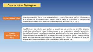 Características Fisiológicas
Observaron cambios típicos en la actividad eléctrica cerebral durante el sueño y el incremento
de la proporción de ondas lentas a medida que el sueño se profundiza, lo que permitió
establecer la primera clasificación de las fases del sueño (estadios A, B, C, D y E).
Establecieron los criterios que facilitan el estudio de los cambios de actividad eléctrica
cerebral durante el sueño y que, desde entonces, se han empleado en todos los laboratorios
de sueño del mundo hasta hace unos años. Mediante el registro de las señales biológicas
fundamentales (EEG, EMG y EOG) se pueden identificar las fases de sueño y los episodios de
vigilia. Recientemente estos criterios han sido revisados por comités de expertos de la AASM,
estableciendo unas recomendaciones que han sido publicadas en 2007.
En 1937, Loomis y cols
En 1968,
Rechtschaffen y
Kales
 
