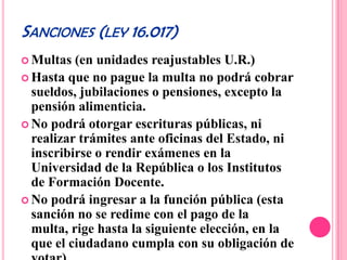 SANCIONES (LEY 16.017)
 Multas  (en unidades reajustables U.R.)
 Hasta que no pague la multa no podrá cobrar
  sueldos, jubilaciones o pensiones, excepto la
  pensión alimenticia.
 No podrá otorgar escrituras públicas, ni
  realizar trámites ante oficinas del Estado, ni
  inscribirse o rendir exámenes en la
  Universidad de la República o los Institutos
  de Formación Docente.
 No podrá ingresar a la función pública (esta
  sanción no se redime con el pago de la
  multa, rige hasta la siguiente elección, en la
  que el ciudadano cumpla con su obligación de
 
