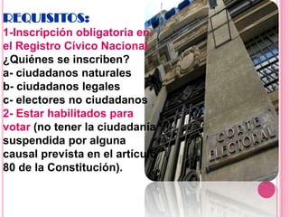 REQUISITOS:
1-Inscripción obligatoria en
el Registro Cívico Nacional.
¿Quiénes se inscriben?
a- ciudadanos naturales
b- ciudadanos legales
c- electores no ciudadanos
2- Estar habilitados para
votar (no tener la ciudadanía
suspendida por alguna
causal prevista en el artículo
80 de la Constitución).
 