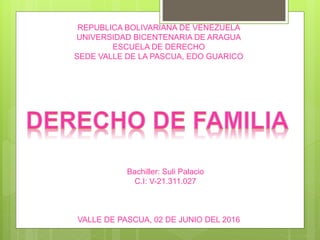 REPUBLICA BOLIVARIANA DE VENEZUELA
UNIVERSIDAD BICENTENARIA DE ARAGUA
ESCUELA DE DERECHO
SEDE VALLE DE LA PASCUA, EDO GUARICO
Bachiller: Suli Palacio
C.I: V-21.311.027
VALLE DE PASCUA, 02 DE JUNIO DEL 2016
 