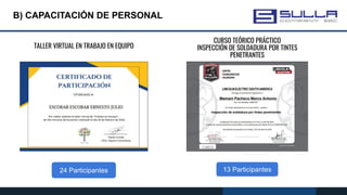 B) CAPACITACIÓN DE PERSONAL
TALLER VIRTUAL EN TRABAJO EN EQUIPO
CURSO TEÓRICO PRÁCTICO
INSPECCIÓN DE SOLDADURA POR TINTES
PENETRANTES
24 Participantes 13 Participantes
 