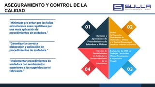 ASEGURAMIENTO Y CONTROL DE LA
CALIDAD
“Minimizar y/o evitar que las fallas
estructurales sean repetitivas por
una mala aplicación de
procedimientos de soldadura.”
“Implementar procedimientos de
soldadura con rendimientos
superiores a los sugeridos por el
fabricante.”
“Garantizar la correcta
elaboración y aplicación de
procedimientos de soldadura.”
 