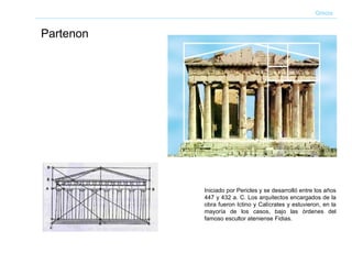 Partenon Grecia Iniciado por Pericles y se desarrolló entre los años 447 y 432 a. C. Los arquitectos encargados de la obra fueron Ictino y Calícrates y estuvieron, en la mayoría de los casos, bajo las órdenes del famoso escultor ateniense Fidias. 