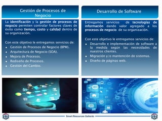 Smart Resources Gallardo
La identificación y la gestión de procesos de
negocio permiten controlar factores claves de
éxito como tiempo, costo y calidad dentro de
su organización.
Con este objetivo le entregamos servicios de:
 Gestión de Procesos de Negocio (BPM).
 Arquitectura de Negocio (SOA).
 Mejora de Procesos.
 Rediseño de Procesos.
 Gestión del Cambio.
Gestión de Procesos de
Negocio
Desarrollo de Software
Entregamos servicios de tecnologías de
información dando valor agregado a los
procesos de negocio de su organización.
Con este objetivo le entregamos servicios de:
 Desarrollo e implementación de software a
la medida según las necesidades de
nuestros clientes.
 Migración y/o mantención de sistemas.
 Diseño de páginas web.
 
