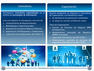 Smart Resources Gallardo
Entregamos consultoría especializada en el
ámbito de tecnologías de información.
Con este objetivo le entregamos servicios de:
 Levantamiento de Requerimientos.
 Metodologías Organizacionales.
 Asesoría en incorporar Mejores Prácticas.
 Asesoría en Certificaciones y Validaciones.
 Colocación de profesionales del ámbito TI.
Consultoría Capacitación
Nuestra propuesta se relaciona a Consultoría
de Capacitación, con beneficios como:
 Se aprende en la práctica los contenidos.
 Se apoya en resolver problemas reales.
Tipos de Capacitación:
 Gestión de Procesos de Negocio (BPM
Introductorio).
 Modelamiento avanzado de Negocios
(BPMN Avanzado).
 Seguridad informática con ISO 27001.
 Modelamiento avanzado de procesos de
seguridad informática con ISO 27001.
 