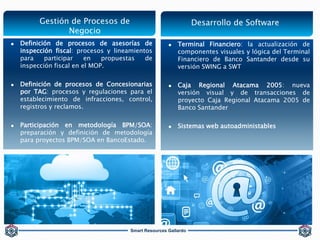 Smart Resources Gallardo
 Definición de procesos de asesorías de
inspección fiscal: procesos y lineamientos
para participar en propuestas de
inspección fiscal en el MOP.
 Definición de procesos de Concesionarias
por TAG: procesos y regulaciones para el
establecimiento de infracciones, control,
registros y reclamos.
 Participación en metodología BPM/SOA:
preparación y definición de metodología
para proyectos BPM/SOA en BancoEstado.
Gestión de Procesos de
Negocio
Desarrollo de Software
 Terminal Financiero: la actualización de
componentes visuales y lógica del Terminal
Financiero de Banco Santander desde su
versión SWING a SWT
 Caja Regional Atacama 2005: nueva
versión visual y de transacciones de
proyecto Caja Regional Atacama 2005 de
Banco Santander
 Sistemas web autoadministables
 