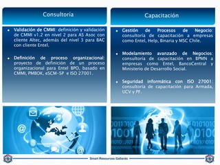 Smart Resources Gallardo
 Validación de CMMI: definición y validación
de CMMI v1.2 en nivel 2 para AS Asoc con
cliente Altec, además del nivel 3 para BAC
con cliente Entel.
 Definición de proceso organizacional:
proyecto de definición de un proceso
organizacional para Entel BPO, basado en
CMMI, PMBOK, eSCM-SP e ISO 27001.
Consultoría Capacitación
 Gestión de Procesos de Negocio:
consultoría de capacitación a empresas
como Entel, Help, Binaria y MSC Chile.
 Modelamiento avanzado de Negocios:
consultoría de capacitación en BPMN a
empresas como Entel, BancoCentral y
Ministerio de Desarrollo Social.
 Seguridad informática con ISO 27001:
consultoría de capacitación para Armada,
UCV y PF.
 