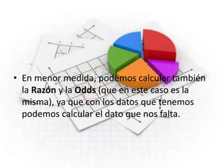 • En menor medida, podemos calcular también
la Razón y la Odds (que en este caso es la
misma), ya que con los datos que tenemos
podemos calcular el dato que nos falta.
 