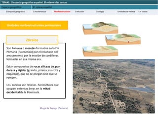 TEMA1. El espacio geográfico español. El relieve y las costas
Espacio geográfico               El relieve español
    El espacio geográfico.       Características      Morfoestructuras   Evolución   Litología   Unidades de relieve   Las costas




    Unidades morfoestructurales peninsulares



                             Zócalos

    Son llanuras o mesetas formadas en la Era
    Primaria (Paleozoico) por el resultado del
    arrasamiento por la erosión de cordilleras
    formadas en esa misma era.

    Están compuestos de rocas silíceas de gran
    dureza y rigidez (granito, pizarra, cuarcita y
    esquistos), que no se pliegan sino que se
    rompen.

    Los zócalos son relieves horizontales que
    ocupan extensas áreas en la mitad
    occidental de la Península.




                                        Muga de Sayago (Zamora)
 