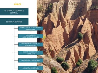 INDICE

EL ESPACIO GEOGRÁFICO
       ESPAÑOL.



 EL RELIEVE ESPAÑOL


                 CARACTERÍSTICAS DEL RELIEVE
                        PENINSULAR


                         LAS UNIDADES
                      MORFOESTRUCTURALES


                 EVOLUCIÓN GEOLÓGICA DEL
                     RELIEVE ESPAÑOL


                      RASGOS LITOLÓGICOS Y
                          MODELADO



                   LAS UNIDADES DEL RELIEVE



                      LAS COSTAS DE ESPAÑA
 
