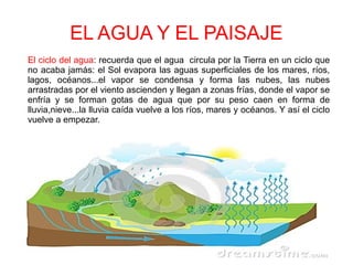 EL AGUA Y EL PAISAJE
El ciclo del agua: recuerda que el agua circula por la Tierra en un ciclo que
no acaba jamás: el Sol evapora las aguas superficiales de los mares, ríos,
lagos, océanos...el vapor se condensa y forma las nubes, las nubes
arrastradas por el viento ascienden y llegan a zonas frías, donde el vapor se
enfría y se forman gotas de agua que por su peso caen en forma de
lluvia,nieve...la lluvia caída vuelve a los ríos, mares y océanos. Y así el ciclo
vuelve a empezar.
 