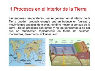 1.Procesos en el interior de la Tierra
Las enormes temperaturas que se generan en el interior de la
Tierra pueden producir energía que se traduce en fuerzas y
movimientos capaces de elevar, hundir o mover la corteza de la
tierra . Estos procesos son lentos y no los percibimos a no ser
que se manifiesten rápidamente en forma de seismos,
maremotos, terremotos, volcanes, etc.
 