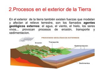 2.Procesos en el exterior de la Tierra
En el exterior de la tierra también existen fuerzas que modelan
y afectan al relieve terrestre, son los llamados agentes
geológicos externos: el agua, el viento, el hielo, los seres
vivos... provocan procesos de erosión, transporte y
sedimentacion.
 