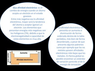 3)La afinidad electrónica: es el
cambio de energía cuando un átomo
acepta un electrón en el estado
gaseoso.
Entre más negativa sea la afinidad
electrónica, mayor será la tendencia
del átomo a aceptar (ganar) un
electrón. Los elementos que
presentan energías más negativas son
los halógenos (7A), debido a que la
electronegatividad o capacidad de
estos elementos es muy alta.
La afinidad electrónica no
presenta un aumento o
disminución de forma
ordenada dentro de la tabla
periódica, más bien de forma
desordenada, a pesar de que
presenta algunos patrones
como por ejemplo que los no
metales poseen afinidades
electrónicas más bajas que los
metales. En forma global es
posible encontrar un estándar
de variación parecido al de la
energía de ionización.
 