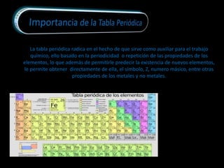 La tabla periódica radica en el hecho de que sirve como auxiliar para el trabajo
químico, ello basado en la periodicidad o repetición de las propiedades de los
elementos, lo que además de permitirle predecir la existencia de nuevos elementos,
le permite obtener directamente de ella, el símbolo, Z, numero másico, entre otras
propiedades de los metales y no metales.
 