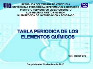 REPUBLICA BOLIVARIANA DE VENEZUELA
UNIVERSIDAD PEDAGOGICA EXPERIMENTAL LIBERTADOR
INSTITUTO PEDAGOGICO DE BARQUISIMETO
LUIS BELTRAN PRIETO FIGUEROA
SUBDIRECCION DE INVESTIGACION Y POSGRADO
Prof. Maxiel Sira
Barquisimeto, Noviembre de 2015
 