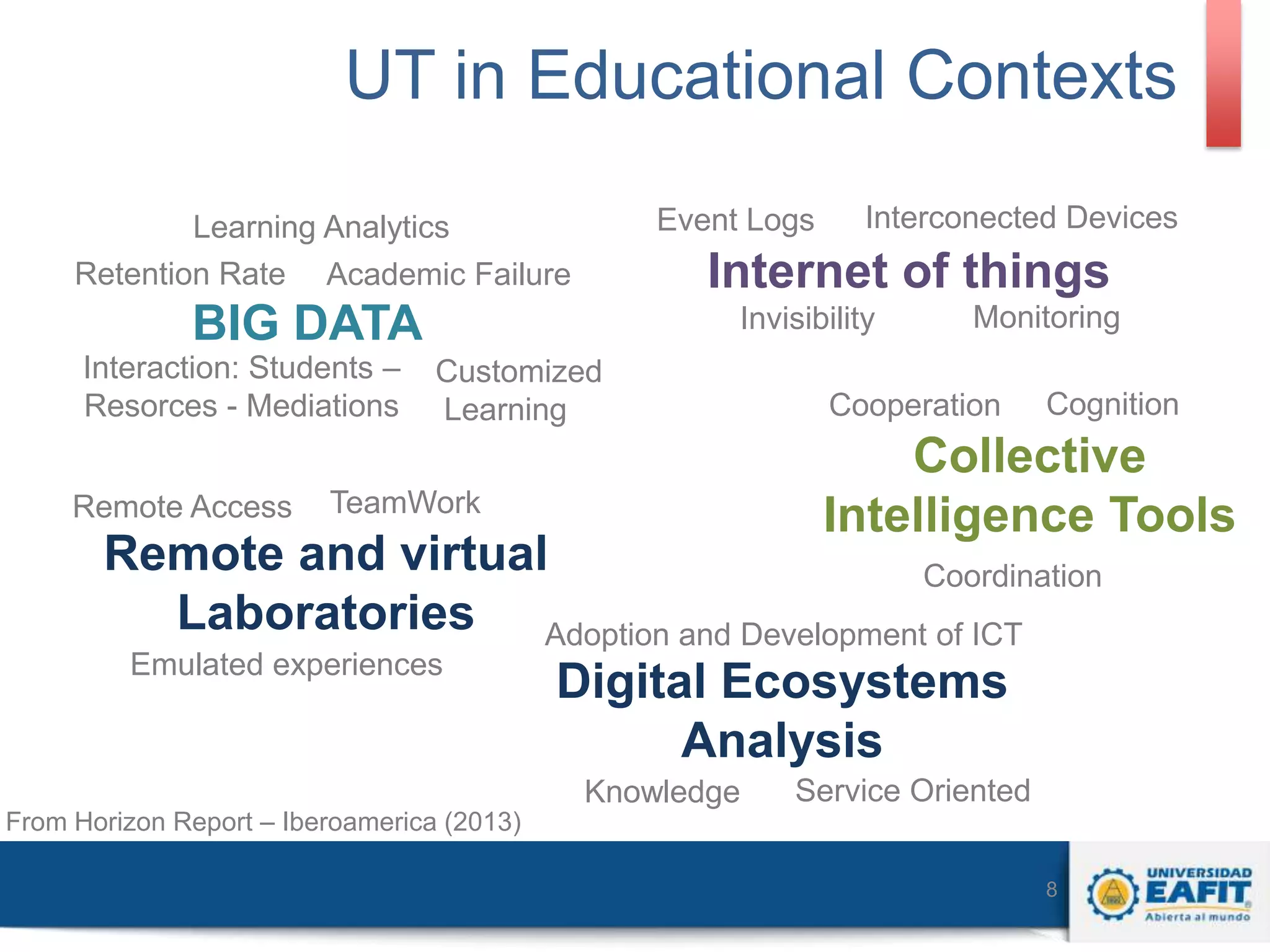 UT in Educational Contexts
Event Logs

Learning Analytics
Retention Rate Academic Failure

Internet of things

BIG DATA

Interaction: Students –
Resorces - Mediations
Remote Access

Interconected Devices

Invisibility
Customized
Learning

Monitoring

Cooperation

Cognition

Collective
Intelligence Tools

TeamWork

Remote and virtual
Coordination
Laboratories Adoption and Development of ICT
Emulated experiences
Digital Ecosystems
Analysis
From Horizon Report – Iberoamerica (2013)

Knowledge

Service Oriented
8

 