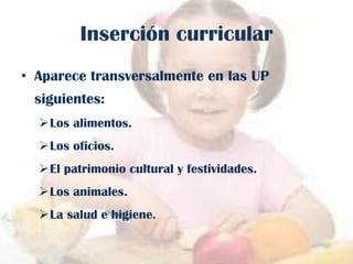 Inserción curricular
• Aparece transversalmente en las UP

siguientes:
Los alimentos.
Los oficios.
El patrimonio cultural y festividades.
Los animales.

La salud e higiene.

 