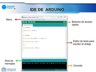 IDE DE ARDUINO

 Menú
                            Botones de acceso
                            rápido




                             Editor de texto para
                             escribir el código




Área de
mensajes
                             Consola
 