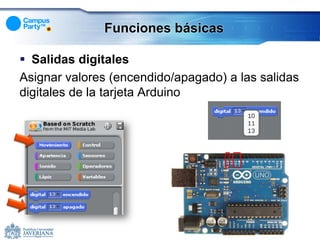 Funciones básicas

 Salidas digitales
Asignar valores (encendido/apagado) a las salidas
digitales de la tarjeta Arduino
 
