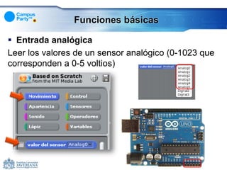 Funciones básicas

 Entrada analógica
Leer los valores de un sensor analógico (0-1023 que
corresponden a 0-5 voltios)
 