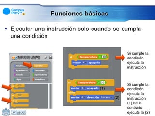 Funciones básicas

 Ejecutar una instrucción solo cuando se cumpla
  una condición

                                             Si cumple la
                                             condición
                                             ejecuta la
                                             instrucción



                                             Si cumple la
                                 (1)         condición
                                             ejecuta la
                                       (2)   instrucción
                                             (1) de lo
                                             contrario
                                             ejecuta la (2)
 
