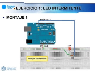 EJERCICIO 1: LED INTERMITENTE

 MONTAJE 1    PUERTO 13




               5V GND       LED




                              220Ω
 