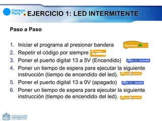 EJERCICIO 1: LED INTERMITENTE

Paso a Paso

1. Iniciar el programa al presionar bandera
2. Repetir el código por siempre
3. Poner el puerto digital 13 a 5V (Encendido)
4. Poner un tiempo de espera para ejecutar la siguiente
   instrucción (tiempo de encendido del led).
5. Poner el puerto digital 13 a 0V (apagado)
6. Poner un tiempo de espera para ejecutar la siguiente
   instrucción (tiempo de encendido del led).
 