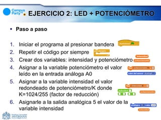 EJERCICIO 2: LED + POTENCIÓMETRO

 Paso a paso

1. Iniciar el programa al presionar bandera
2. Repetir el código por siempre
3. Crear dos variables: intensidad y potenciómetro
4. Asignar a la variable potenciómetro el valor
   leído en la entrada análoga A0
5. Asignar a la variable intensidad el valor
   redondeado de potenciómetro/K donde
   K=1024/255 (factor de reducción)
6. Asignarle a la salida analógica 5 el valor de la
   variable intensidad
 