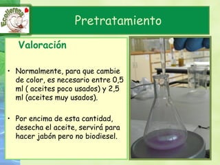 Pretratamiento
   Valoración

• Normalmente, para que cambie
  de color, es necesario entre 0,5
  ml ( aceites poco usados) y 2,5
  ml (aceites muy usados).

• Por encima de esta cantidad,
  desecha el aceite, servirá para
  hacer jabón pero no biodiesel.
 