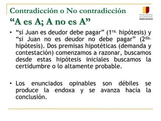PRINCIPIO DE CONTRADICCIÓN O NO CONTRADICCIÓNEl proceso, naturalmente, es contradictorio y las premisas que sostienen y defienden cada una de las partes son contradictorias entre si mientras que sus exposiciones deben ser coherentes y suficientes para fundamentar la decisión.	“El proceso judicial supone la discordancia en los hechos, o en el Derecho, o en ambos.” Manassero, María, La Argumenta como Lógica Jurídica