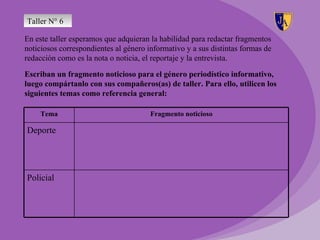 Taller N° 6

En este taller esperamos que adquieran la habilidad para redactar fragmentos
noticiosos correspondientes al género informativo y a sus distintas formas de
redacción como es la nota o noticia, el reportaje y la entrevista.

Escriban un fragmento noticioso para el género periodístico informativo,
luego compártanlo con sus compañeros(as) de taller. Para ello, utilicen los
siguientes temas como referencia general:

    Tema                               Fragmento noticioso

Deporte




Policial
 