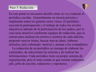 Paso 3: Redacción.
En este punto es necesario decidir cómo se va a redactar el
periódico escolar. Generalmente en tercera persona y
empleando todos los géneros antes vistos. El periódico
necesita la participación y el trabajo de todos los niveles
educativos además de la participación de los padres, por lo
cual sería atractivo conformar equipos de redacción, que se
reúnan para analizar los errores y aciertos de cada edición,
proponer nuevos temas, buscar nuevas ideas, elaborar
artículos, pero sobretodo motivar y animar a los compañeros.
   La redacción de un periódico se encarga de elaborar los
contenidos, de seleccionar las noticias y de realizar las
informaciones. Cada periódico tiene su propio sistema de
organización, pero lo más común es que existan redactores
jefe, jefes de sección, redactores y reporteros.
 