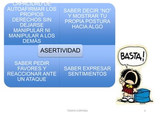 CAPACIDAD DE
AUTOAFIRMAR LOS   SABER DECIR “NO”
    PROPIOS        Y MOSTRAR TU
 DERECHOS SIN     PROPIA POSTURA
    DEJARSE         HACIA ALGO
  MANIPULAR NI
MANIPULAR A LOS
     DEMÁS
          ASERTIVIDAD

  SABER PEDIR
   FAVORES Y      SABER EXPRESAR
REACCIONAR ANTE    SENTIMIENTOS
   UN ATAQUE




                   TERAPIA CORPORAL   6
 