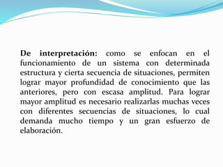 De interpretación: como se enfocan en el
funcionamiento de un sistema con determinada
estructura y cierta secuencia de situaciones, permiten
lograr mayor profundidad de conocimiento que las
anteriores, pero con escasa amplitud. Para lograr
mayor amplitud es necesario realizarlas muchas veces
con diferentes secuencias de situaciones, lo cual
demanda mucho tiempo y un gran esfuerzo de
elaboración.
 