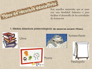 Son aquellos materiales que se usan con una finalidad didáctica o para facilitar el desarrollo de las actividades de formación 1. Medios didacticos pretecnologicos:  No necesitan soporte técnico . Libros Pizarra Rompecabezas Papelógrafo 