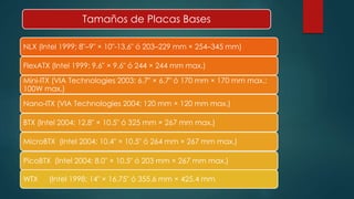 Tamaños de Placas Bases 
NLX (Intel 1999; 8"–9" × 10"-13.6" ó 203–229 mm × 254–345 mm) 
FlexATX (Intel 1999; 9.6" × 9.6" ó 244 × 244 mm max.) 
Mini-ITX (VIA Technologies 2003; 6.7" × 6.7" ó 170 mm × 170 mm max.; 
100W max.) 
Nano-ITX (VIA Technologies 2004; 120 mm × 120 mm max.) 
BTX (Intel 2004; 12.8" × 10.5" ó 325 mm × 267 mm max.) 
MicroBTX (Intel 2004; 10.4" × 10.5" ó 264 mm × 267 mm max.) 
PicoBTX (Intel 2004; 8.0" × 10.5" ó 203 mm × 267 mm max.) 
WTX (Intel 1998; 14" × 16.75" ó 355.6 mm × 425.4 mm) 
 
