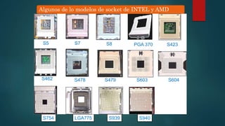 Algunos de lo modelos de socket de INTEL y AMD 
S5 
S7 S8 PGA 370 S423 
S7 S8 PGA 370 S423 
S462 S479 S603 S604 
S478 
LGA775 
S479 S603 S604 
S462 
S754 
S939 S940 
S5 
S478 
 