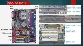 TIPO DE SLOTS 
SLOT ISA 16 Bits 
SLOT ISA 8 Bits 
SLOT VESA LOCAL 
BUS 
SLOT AGP 
SLOT PCI 
 
