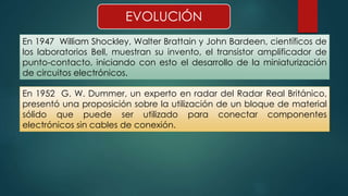 EVOLUCIÓN 
En 1947 William Shockley, Walter Brattain y John Bardeen, científicos de 
los laboratorios Bell, muestran su invento, el transistor amplificador de 
punto-contacto, iniciando con esto el desarrollo de la miniaturización 
de circuitos electrónicos. 
En 1952 G. W. Dummer, un experto en radar del Radar Real Británico, 
presentó una proposición sobre la utilización de un bloque de material 
sólido que puede ser utilizado para conectar componentes 
electrónicos sin cables de conexión. 
 