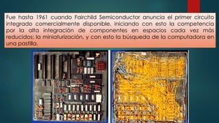 Fue hasta 1961 cuando Fairchild Semiconductor anuncia el primer circuito 
integrado comercialmente disponible, iniciando con esto la competencia 
por la alta integración de componentes en espacios cada vez más 
reducidos; la miniaturización, y con esto la búsqueda de la computadora en 
una pastilla. 
 