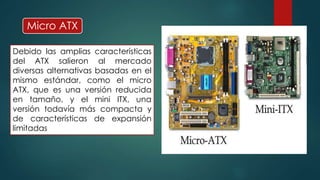 Micro ATX 
Debido las amplias características 
del ATX salieron al mercado 
diversas alternativas basadas en el 
mismo estándar, como el micro 
ATX, que es una versión reducida 
en tamaño, y el mini ITX, una 
versión todavía más compacta y 
de características de expansión 
limitadas 
 