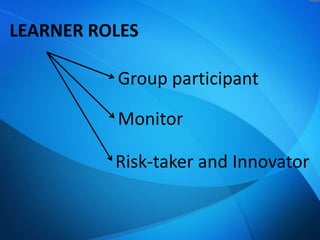 LEARNER ROLES
Group participant
Monitor

Risk-taker and Innovator

 