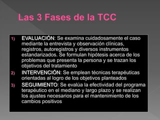 1) EVALUACIÓN: Se examina cuidadosamente el caso
mediante la entrevista y observación clínicas,
registros, autoregistros y diversos instrumentos
estandarizados. Se formulan hipótesis acerca de los
problemas que presenta la persona y se trazan los
objetivos del tratamiento
2) INTERVENCIÓN: Se emplean técnicas terapéuticas
orientadas al logro de los objetivos planteados
3) SEGUIMIENTO: Se evalúa la efectividad del programa
terapéutico en el mediano y largo plazo y se realizan
los ajustes necesarios para el mantenimiento de los
cambios positivos
 